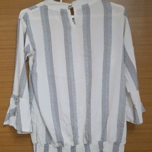 Striped Off-white Casual T-shirt With Bell Sleeves