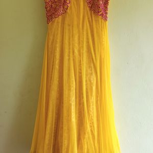 Lemon Yellow and Pink Long Ethnic Gown