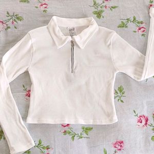 White Collared Full Sleeves Crop Top