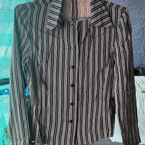 Beige Striped Shirt With Square neck collar