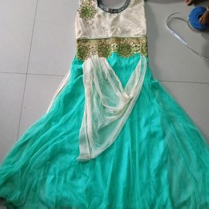 Light Green & Cream Net Ethnic Gown