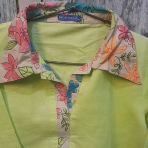 Lime Yellow Kurti With Multi Color Collared Neck