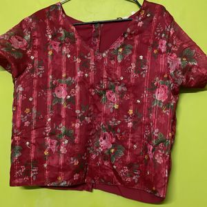 Red Multicolour Embroidered Top For Women