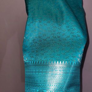 Pattu Contrast Silver printed Blue Saree