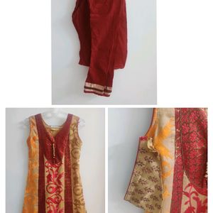 Silk Kurta Set with Embroidery in Multicolour