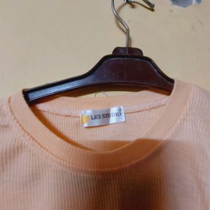 Peach Ribbed Short-Sleeve Top with Side Ties