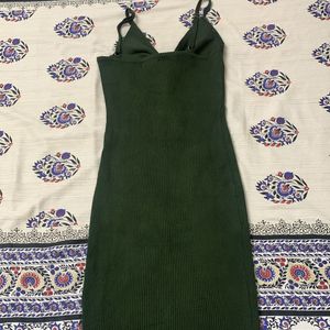 Dark Olive Green Knotted Ribbed Bodycon Dress