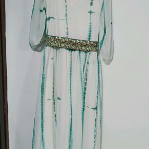 Ethnic Gown White And Green Colour