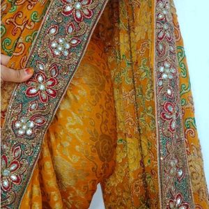 Mustard Banarasi Fabric Embroidery Work Saree