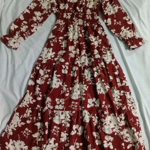 Maroon Mulvari Floral Print Flounce Sleeve Dress