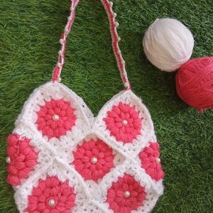 handmade Crochet Bag For Women Pearl Flower Design