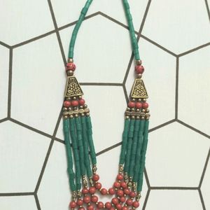 Teal Green With Coral Beads And Gold Accents