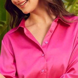 Pink Satin Spread Collar Shirt