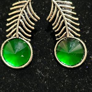 Silver Look alike Earrings With Green Stone