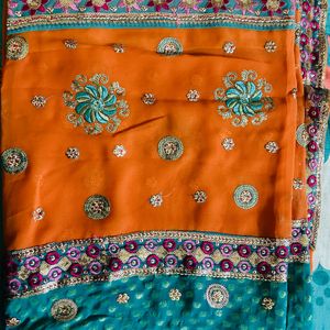 Embroidered Embellished Coral Turquoise Sari