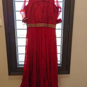 Maroon Partywear Gown With Golden Border Dupatta