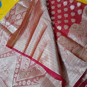 Red Organza Silk Saree With Blouse Piece