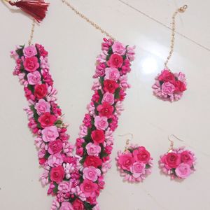 Rani Pink and Baby Pink Flower Necklace Set for Haldi Ceremony