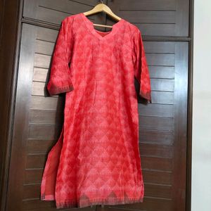 Women Red Tussar Silk Printed Kurta