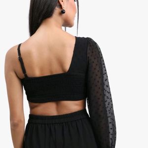 Womens One Shoulder Puff Sleeves Crop Top