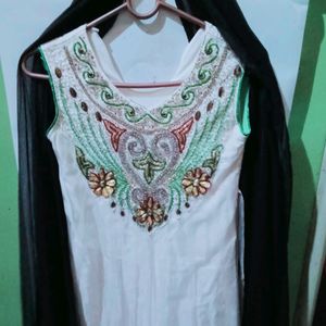 White Frocksuit With Black Net Dupatta