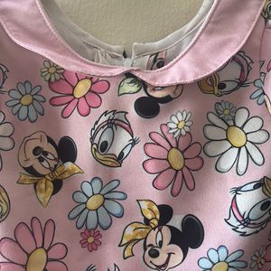 Cartoon Printed Pink Frock For Kid Girl