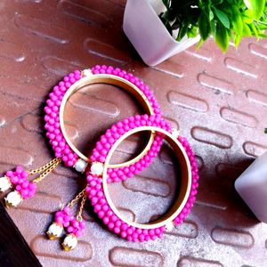 Pink & Gold-Toned Beaded Bangles with Latkan