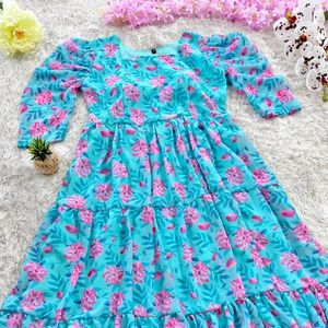 DESIGNER SKY BLUE FLORAL PRINT GOWN