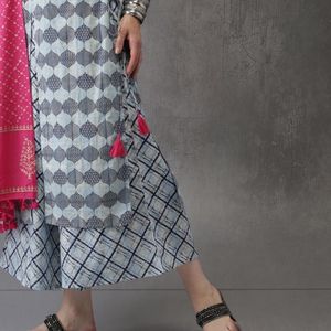 Blue & Pink Kurta With Palazzo Dupatta Set