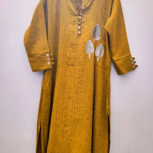 Straight Fit Blended Cotton Mustard Yellow Kurta