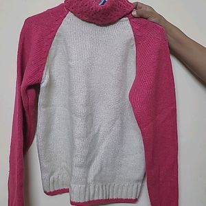 Pink And White Embellished Girls Highneck Sweater