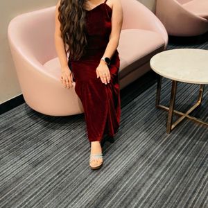 Maroon Velvet Party Wear Dress With Slit