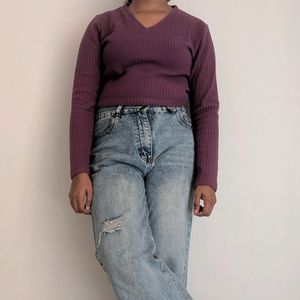 Purple Ribbed Full-sleeved Casual Top