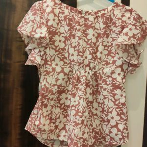 Floral Print V Neck Ruffle Sleeves Top