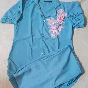 Blue Co Ord Set With Embroidery