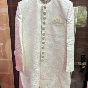 Mens White Sherwani With Red Velvet Dhoti