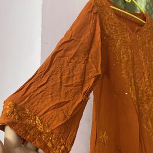 Rust Orange Rayon Mukaish Chikankari Kurta