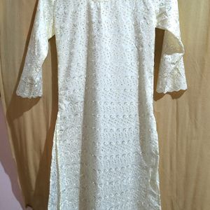 Off-white Embroidery Straight Kurti