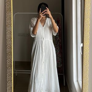 Embroidered White Linen Pleated Midi Dress