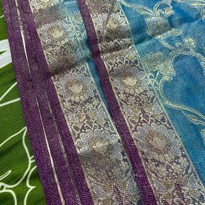 Blue Banarasi Tissue Saree With Silver Jari