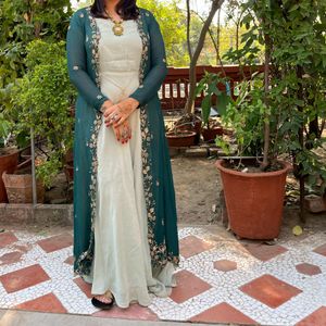 Beautiful Designer Bottle Green Kurti With Shrug