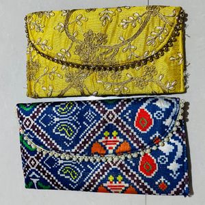 Women Blue Yellow Patola Print Embroidery Clutch