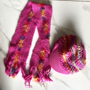 Pink Woollen Cap And Scarf Set