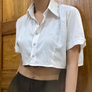 Tailored White Cropped Button Up Shirt