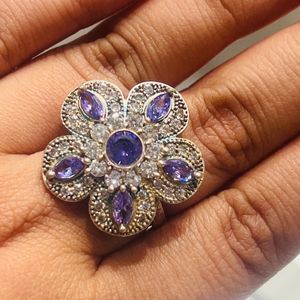 Purple, white stoned, flower design, silver ring