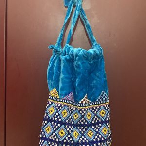 Blue Velvet Bead Embroidered Potli Bag