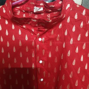 Red Cotton Kurta With Golden Drop Printed(for Men)