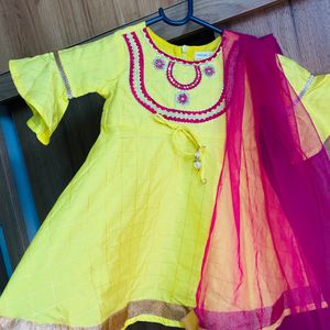 BabyOye Yellow&pink Anarkali Suit Set