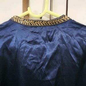 Fusion Party Navy Satin Embroidered Shirt