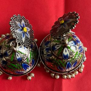 Silver Meenakari Jhumka Blue